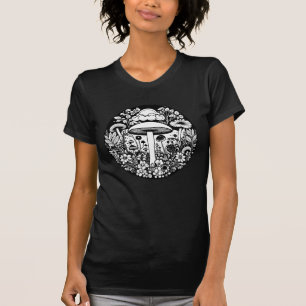 Black and White Retro Mushrooms and Flowers T-Shirt