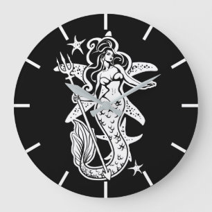 Black And White Retro Pin-Up Mermaid Large Clock