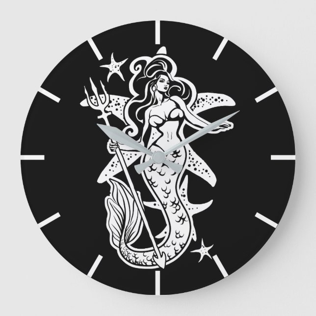 Black And White Retro Pin-Up Mermaid Large Clock (Front)