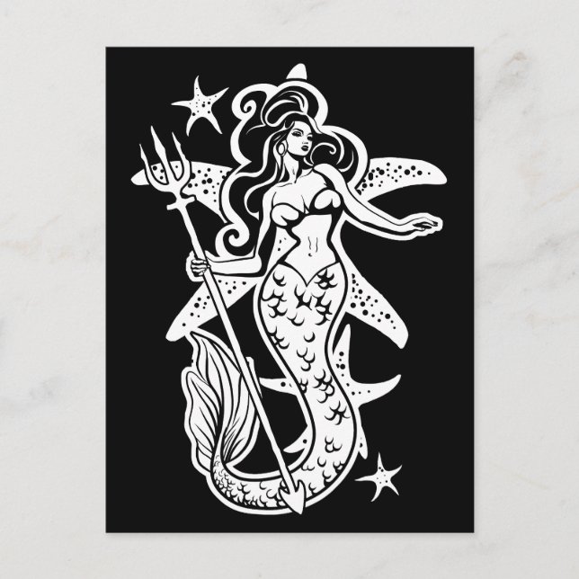 Black And White Retro Pin-Up Mermaid Postcard (Front)