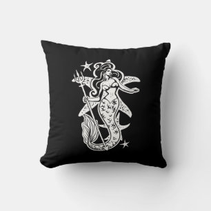 Black And White Retro Pin-Up Mermaid Throw Pillow