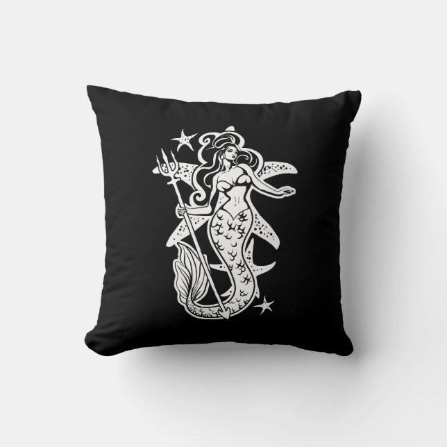 Black And White Retro Pin-Up Mermaid Throw Pillow (Front)