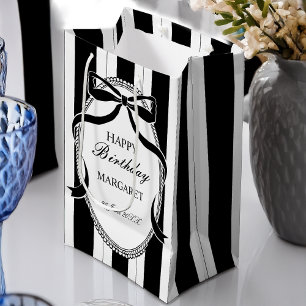 Black and white retro stripes bow birthday custom medium gift bag