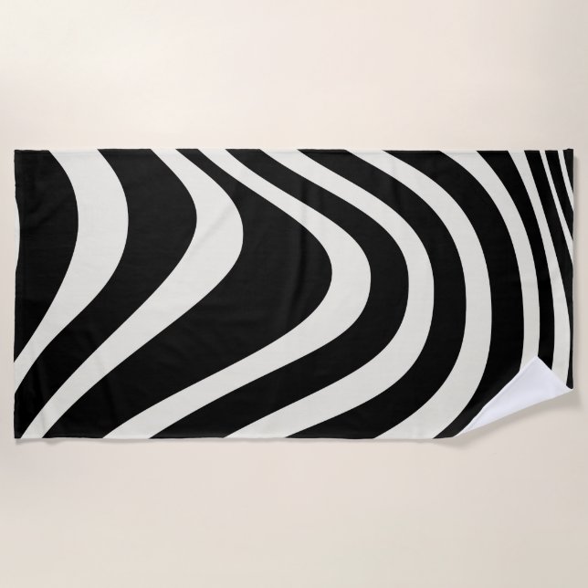 Black and white retro style waves beach towel (Front)