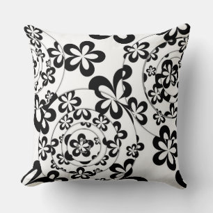 Black and White Rings and Flowers Throw Pillow