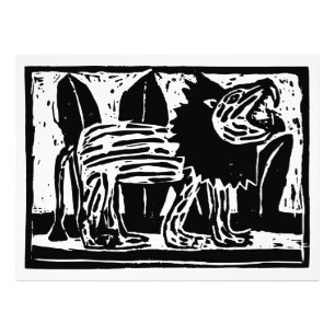 Black and White Roaring Lion Lino Cut Photo Print