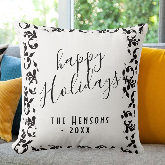 Black and White Rococo Happy Holidays Script  Throw Pillow (Creator Uploaded)