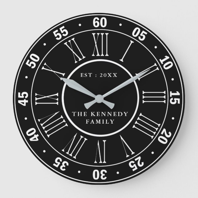 Black And White Roman Numeral 60 Minutes Large Clock (Front)
