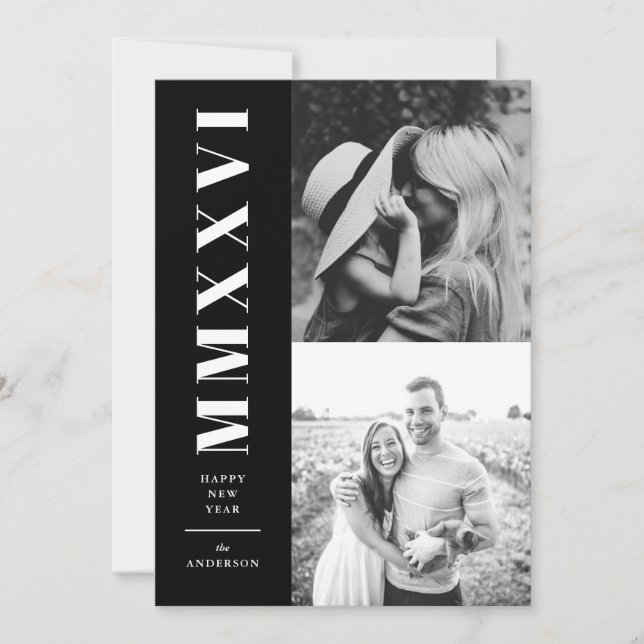 Black and White Roman Numerals Two Photo Holiday Card (Front)