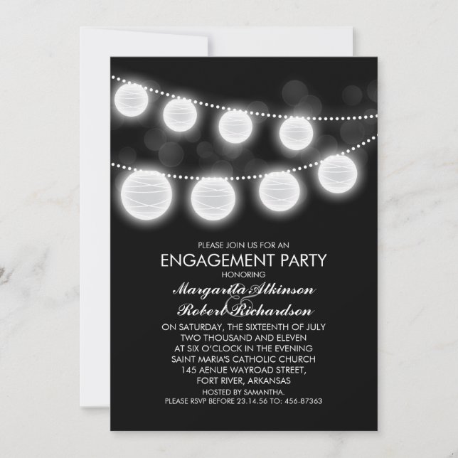 black and white romantic lanterns engagement party invitation (Front)