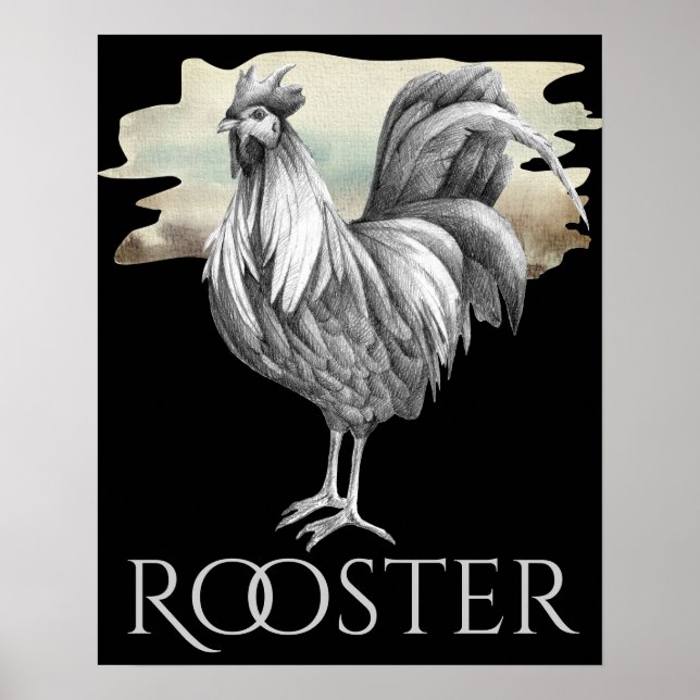 Black and White Rooster Dramatic Chicken Farm Poster (Front)