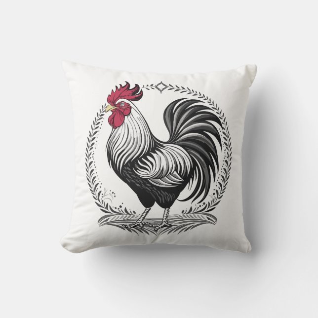 Black and white rooster throw pillow (Front)
