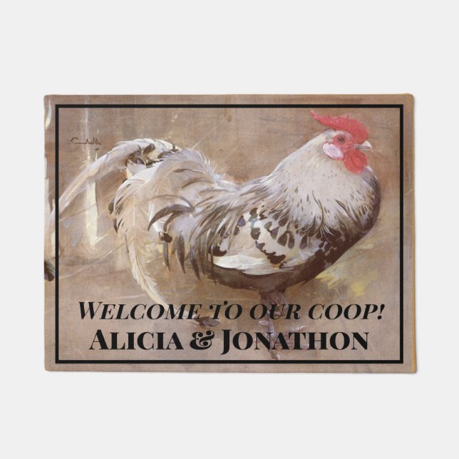 Black and White Rooster  "Welcome to Our Coop" Doormat (Front)