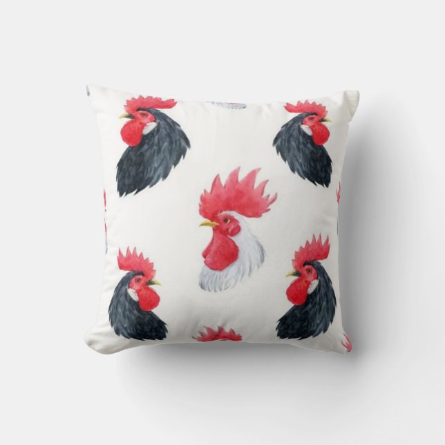 Black And White Roosters Pattern Throw Pillow (Front)
