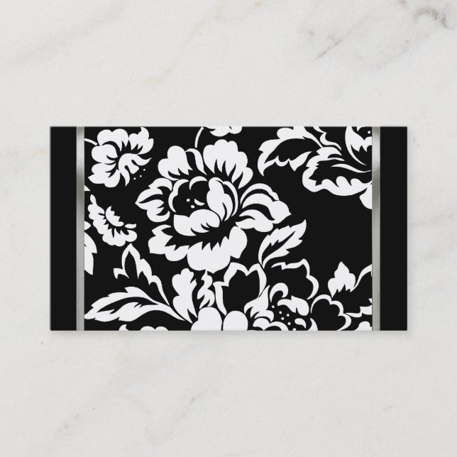 Black and White Rose Damask Business Card (Front)