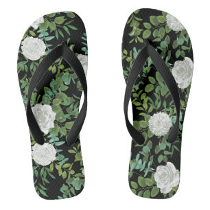 Black and White Rose Floral Wedding Flip Flops