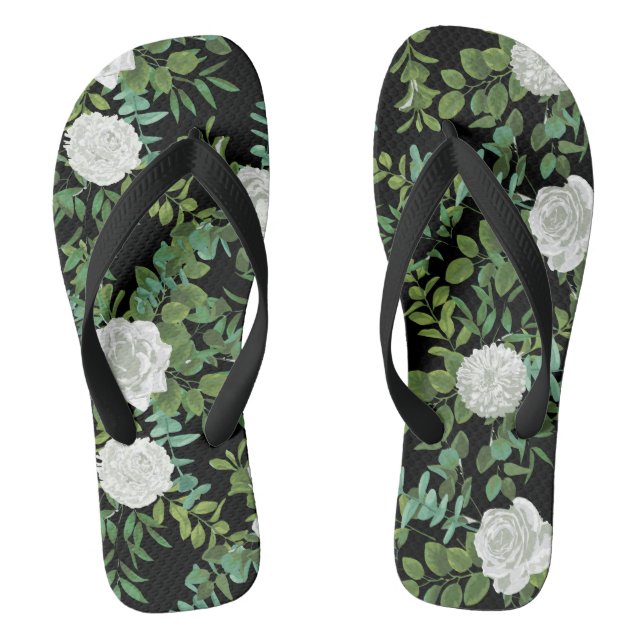 Black and White Rose Floral Wedding Flip Flops (Footbed)