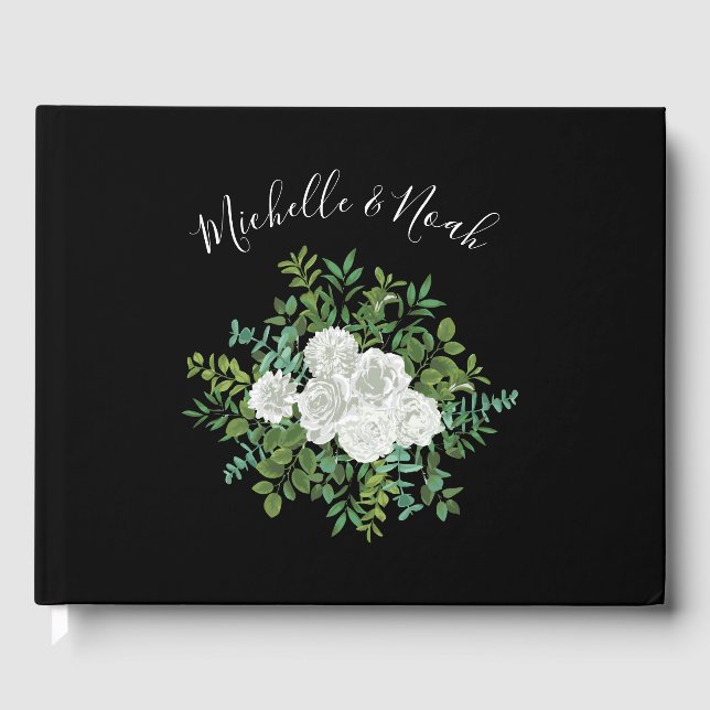 Black and White Rose Floral Wedding Guest Book (Front)