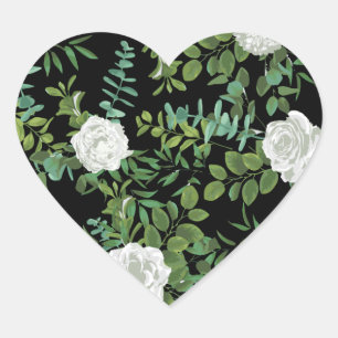 Black and White Rose Floral Wedding Heart Sticker