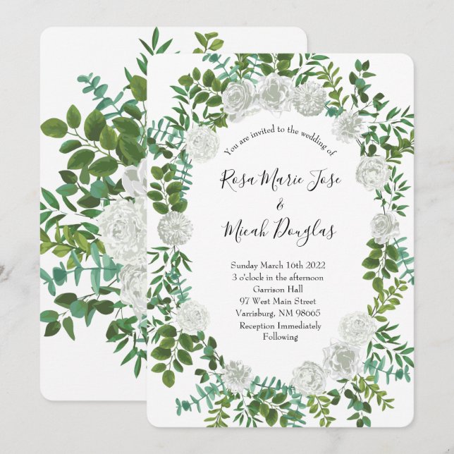 Black and White Rose Floral Wedding Invitation (Front/Back)