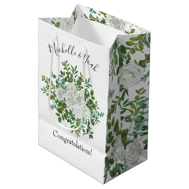 Black and White Rose Floral Wedding Medium Gift Bag (Front Angled)
