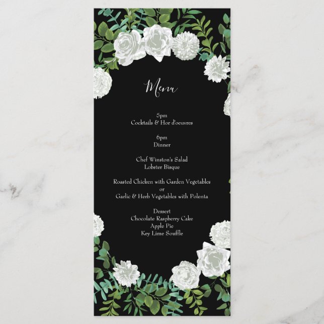 Black and White Rose Floral Wedding Menu (Front)