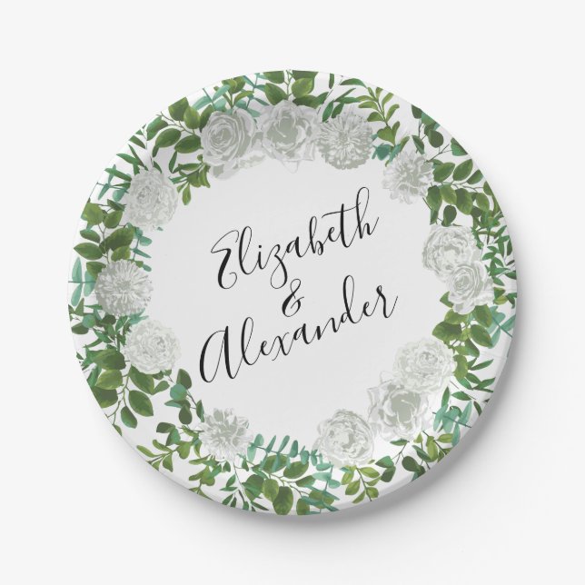Black and White Rose Floral Wedding Paper Plate (Front)