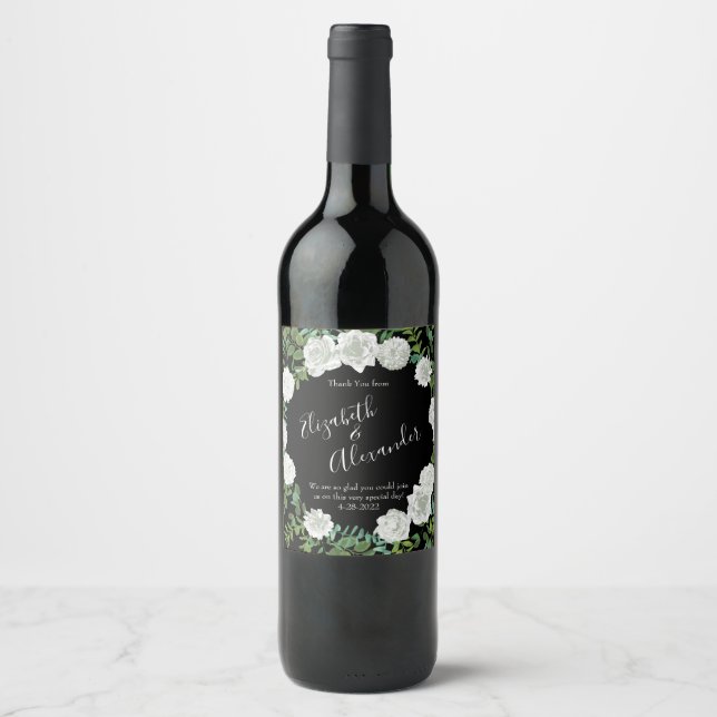 Black and White Rose Floral Wedding Wine Label (Front)