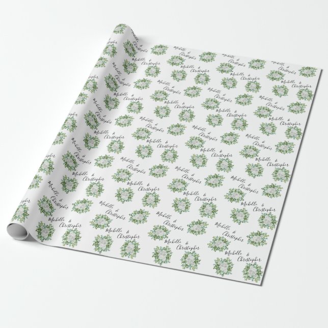 Black and White Rose Floral Wedding Wrapping Paper (Unrolled)