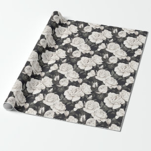 Black and White Rose Pattern Wrapping Paper
