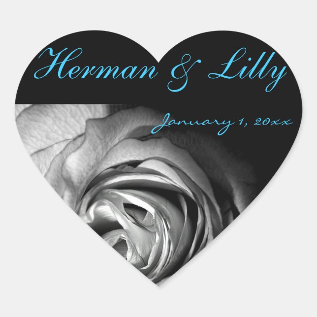 Black and White Rose Personalized Wedding Heart Sticker (Front)