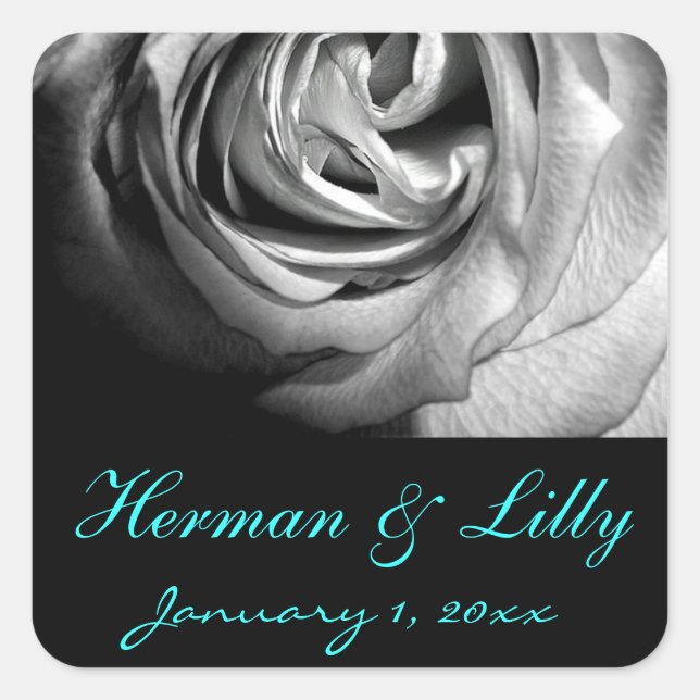 Black and White Rose Personalized Wedding Square Sticker (Front)