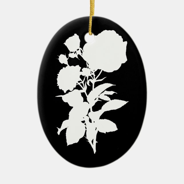 Black and White Rose Silhouette Ceramic Ornament (Front)