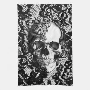 Black and white rose skull on lace background. kitchen towel