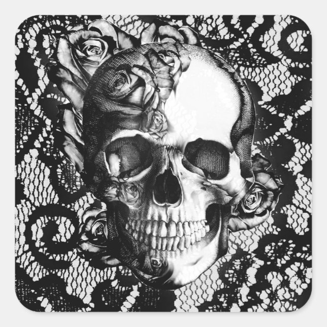 Black and white rose skull on lace background. square sticker (Front)