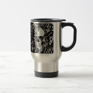 Black and white rose skull on lace background. travel mug