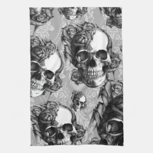 Black and white rose skull pattern, hand drawn. kitchen towel