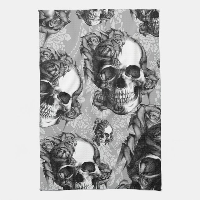 Black and white rose skull pattern, hand drawn. kitchen towel (Vertical)
