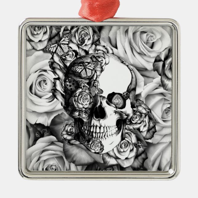 Black and white rose skull with butterflies metal ornament (Front)