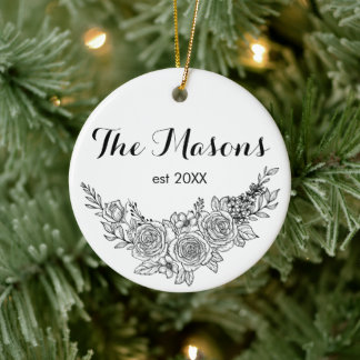 Black and White Rose Wedding Christmas Ceramic Ornament