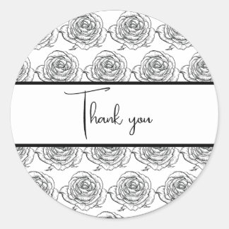 Black and White Rose Wedding Thank You Classic Round Sticker