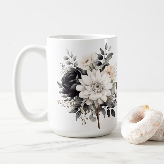 Black and White Roses and Daisies on White  Coffee Mug (With Donut)