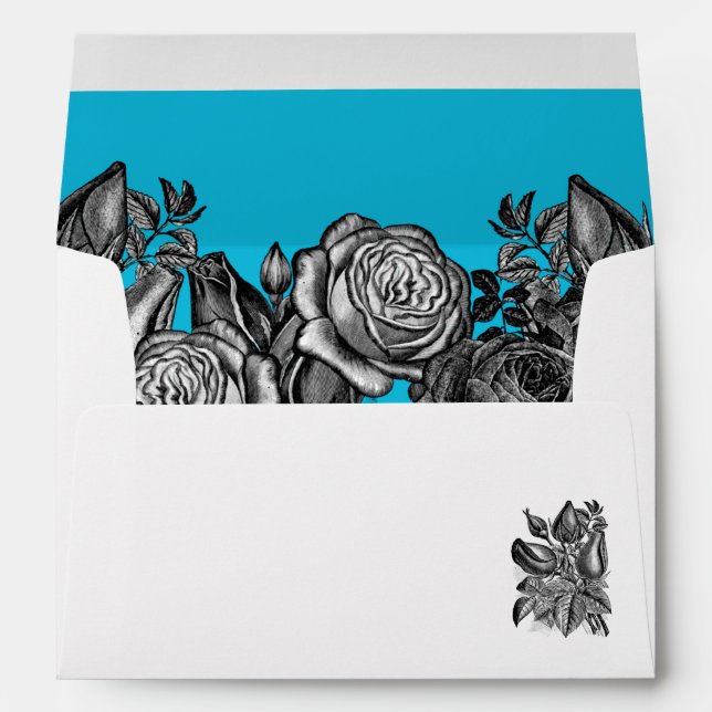 Black and White Roses Electric Blue Wedding Envelope (Back (Bottom))