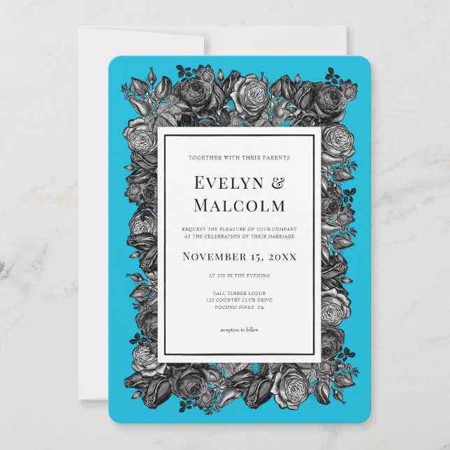Black and White Roses Electric Blue Wedding Invitation (Front)