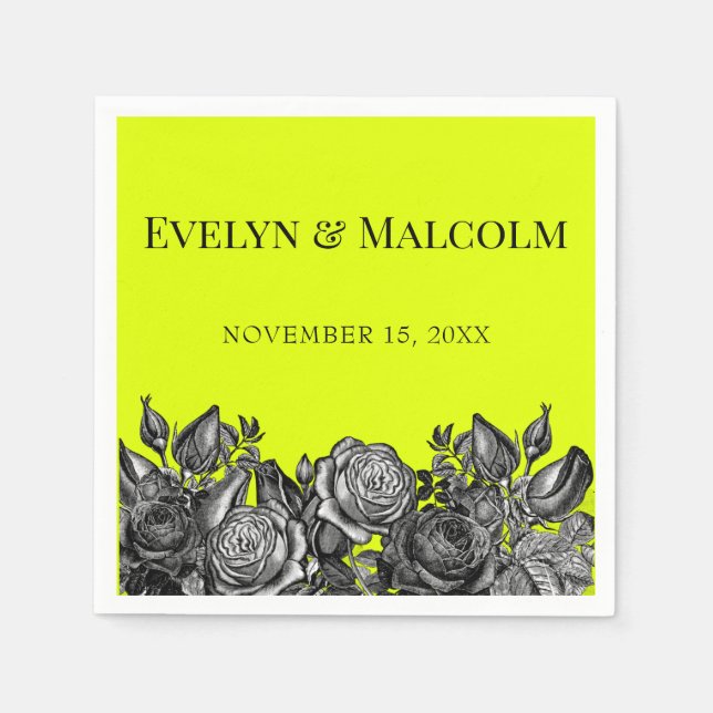 Black and White Roses Electric Lime Green Wedding Napkin (Front)