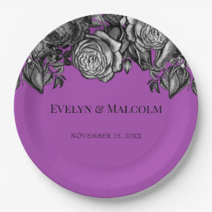 Black and White Roses Electric Purple Wedding Paper Plate