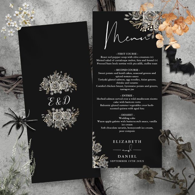 Black And White Roses Floral Gothic Wedding Dinner Menu (Black And White Roses Floral Gothic Wedding Dinner Menu)