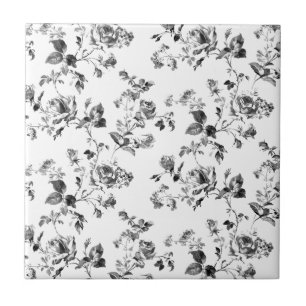Black and White Roses Floral Pattern Tile