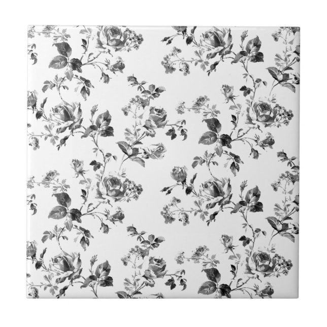 Black and White Roses Floral Pattern Tile (Front)