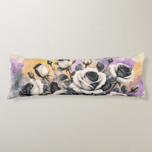 Black and White Roses Geometric Watercolor Style Body Pillow